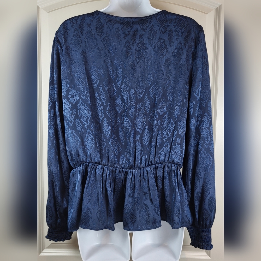 MICHAEL MICHAEL KORS Womens Dark Blue Faux Wrap Peplum Top - Size L (NWT) - Picture 2 of 9